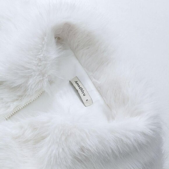 Women's Faux Fur Zip-Up Cropped Jacket Long Sleeve Warm Winter Coat White - Picture 4 of 5